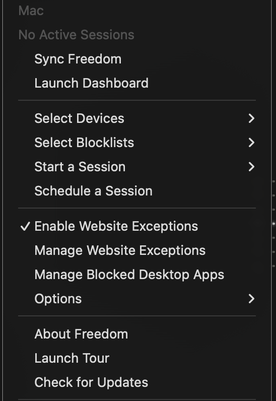Screen shot of Freedom menu options