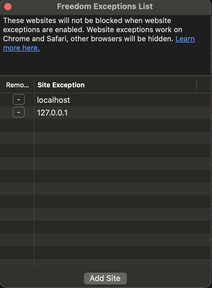 Screen shot of Freedom add exception websites
